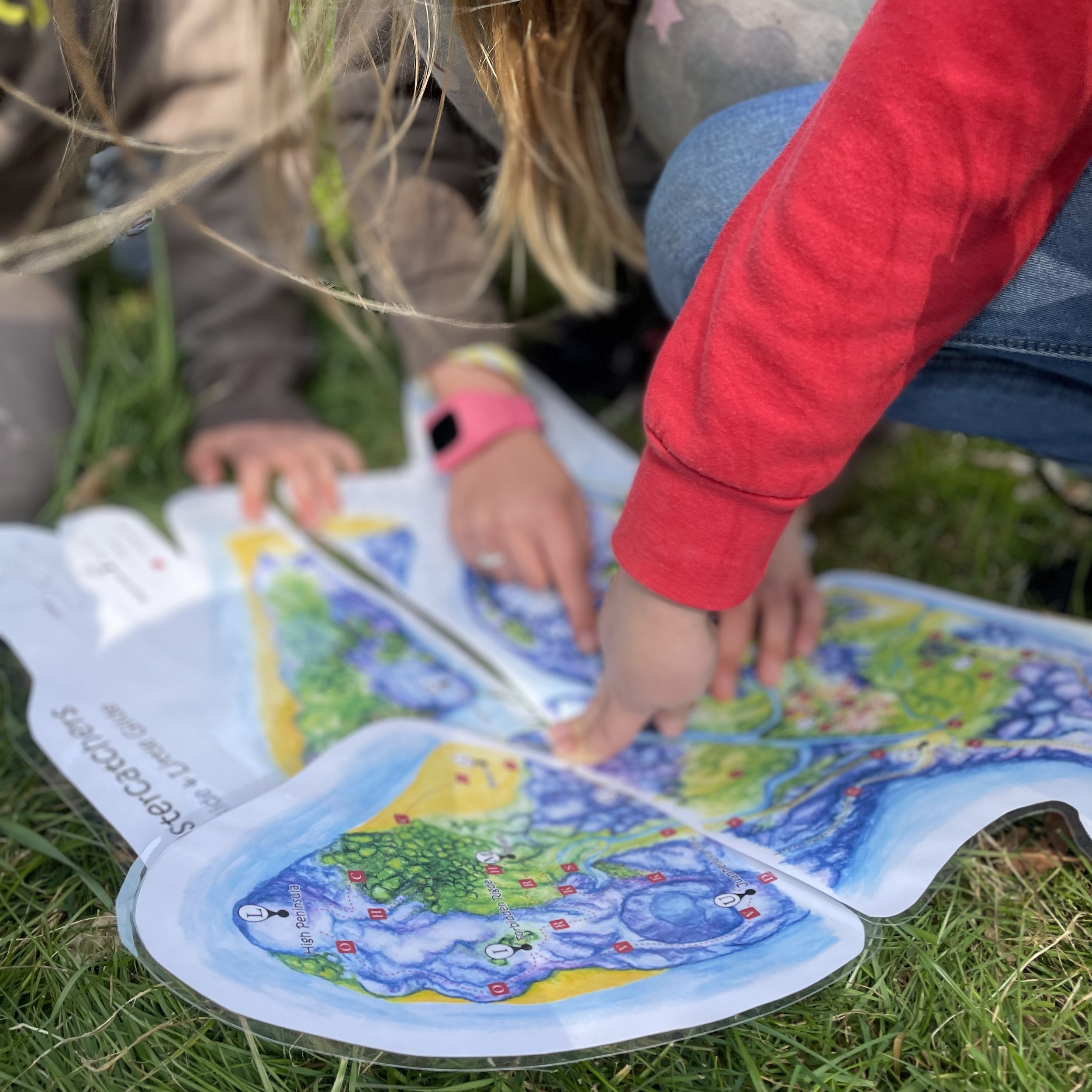 Rainbows and Brownies looking at a map on the grass.